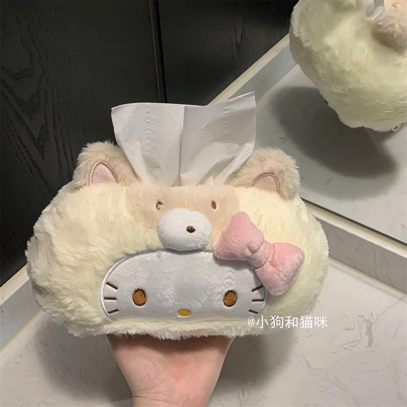 Cute kitty cream yellow plush tissue box for home use in the living room, bathroom, or car