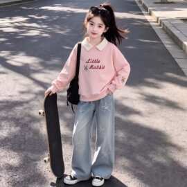 中大童春秋季新款女童甜美翻领卫衣学院风牛仔裤时尚两件套套装潮