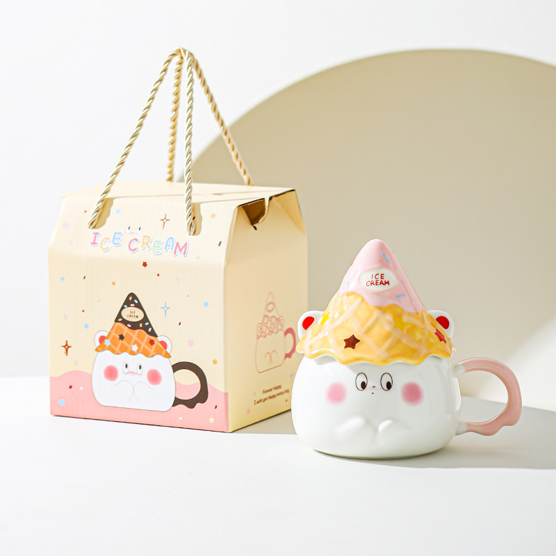 Taza de caricatura de cerámica de alta cara, taza de regalo para una amiga, taza de corazón de una niña, taza de desayuno casera