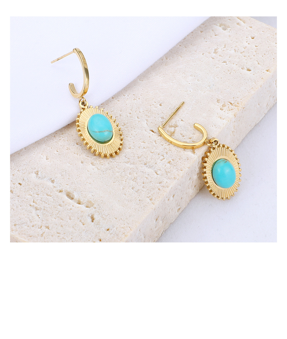Wholesale Fashion Oval Sunflower Stainless Steel Inlaid Turquoise Earrings Nihaojewelry display picture 5