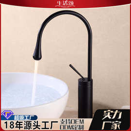 北欧简约美学面盆水龙头冷热全铜黑色浴室洗手盆水滴龙头加高旋转
