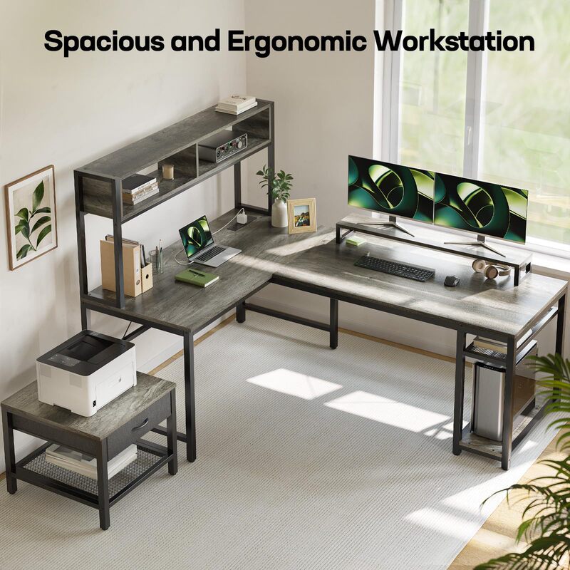 L-Shaped Computer Desk, Reversible Corner Desk with Storage Shelves & Monitor Stand & Printer Stand