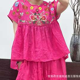 2026夏季新款苎麻刺绣T恤衫女文艺纯色圆领百搭宽松套头衬衣小衫