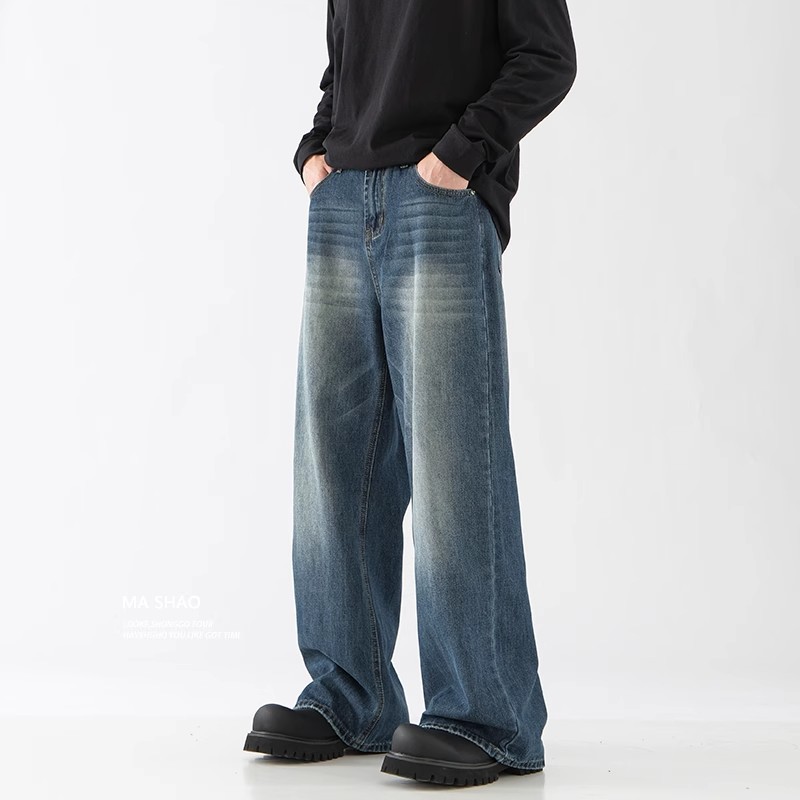 Light Blue Washed Cleanfit Straight Leg Jeans Midweight Casual Trousers Trendy Brand Spring 2025 American Style Wide Leg mid Waist_mkmklike.com