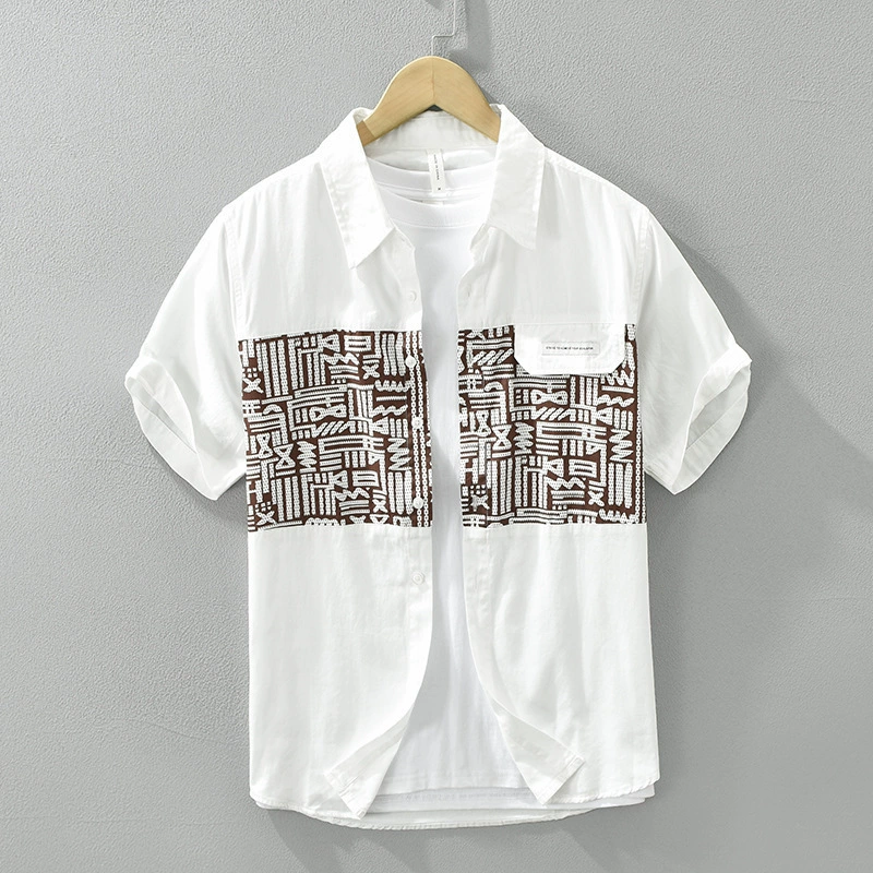 8089 японская рубашка с короткими рукавами со сшитой принтом мужская мода повседневная дикая литературная свободная рубашка