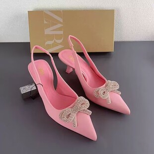 ZA2022 New Sandals Women's High-heeled Shoes Pointed Rear Trip Band Bow rhinestone Chain Brightly Decorated Stiletto Low-cut Women's Shoes