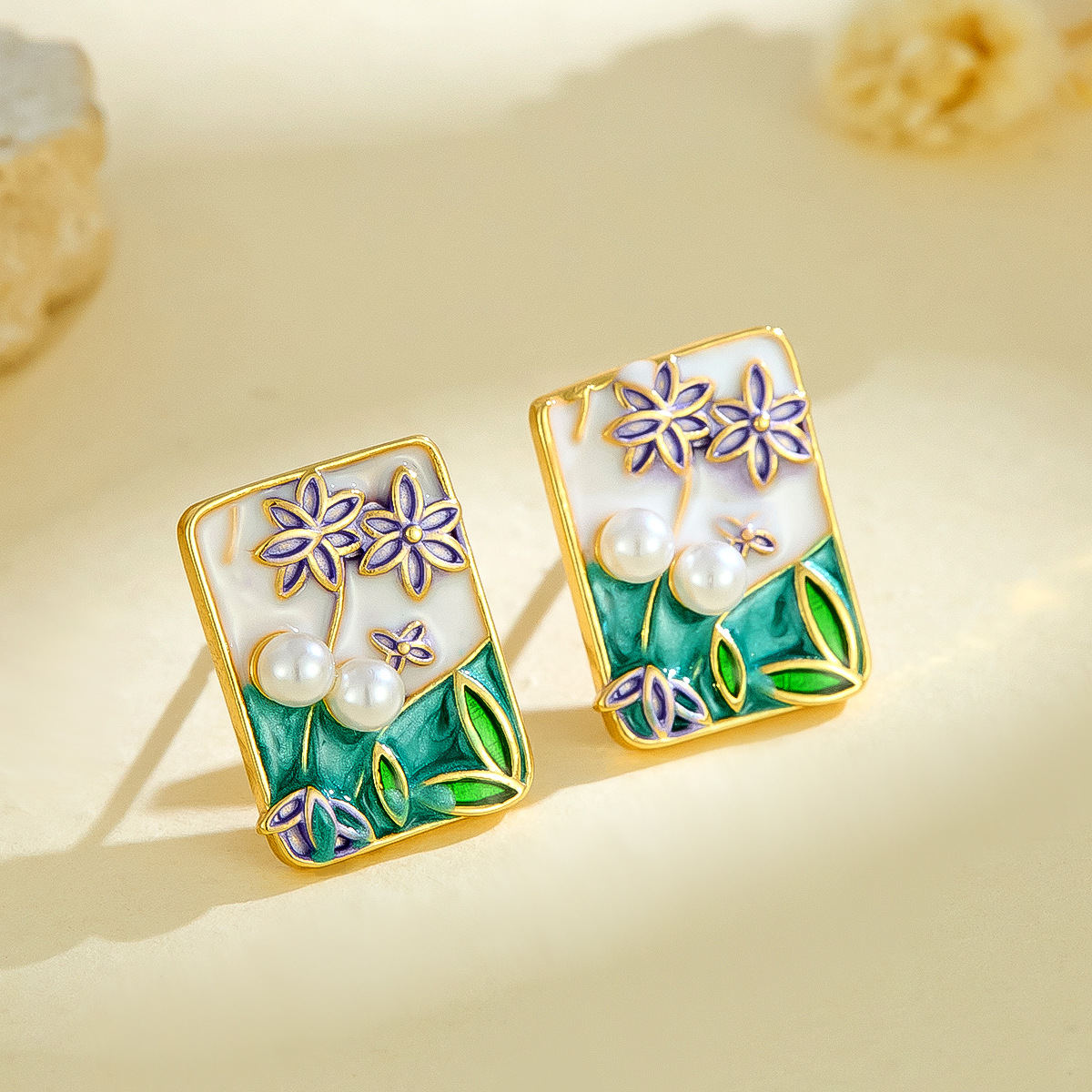 Monet Garden nuevo estilo pintura al óleo pintura pintada goteo de aceite pendientes de flores con incrustaciones de perlas pendientes de cobre de moda de alta calidad