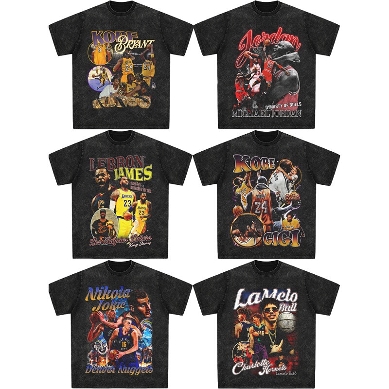 American-Style Heavyweight Star Player Print T-Shirt Featuring Harden, Rose, Morant, Curry, Irving, Kobe, and James Short Sleeves American-Style Heavyweight Star Player Print T-Shirt Featuring Harden, Rose, Morant, Curry, Irving, Kobe, and James Short Sleeves