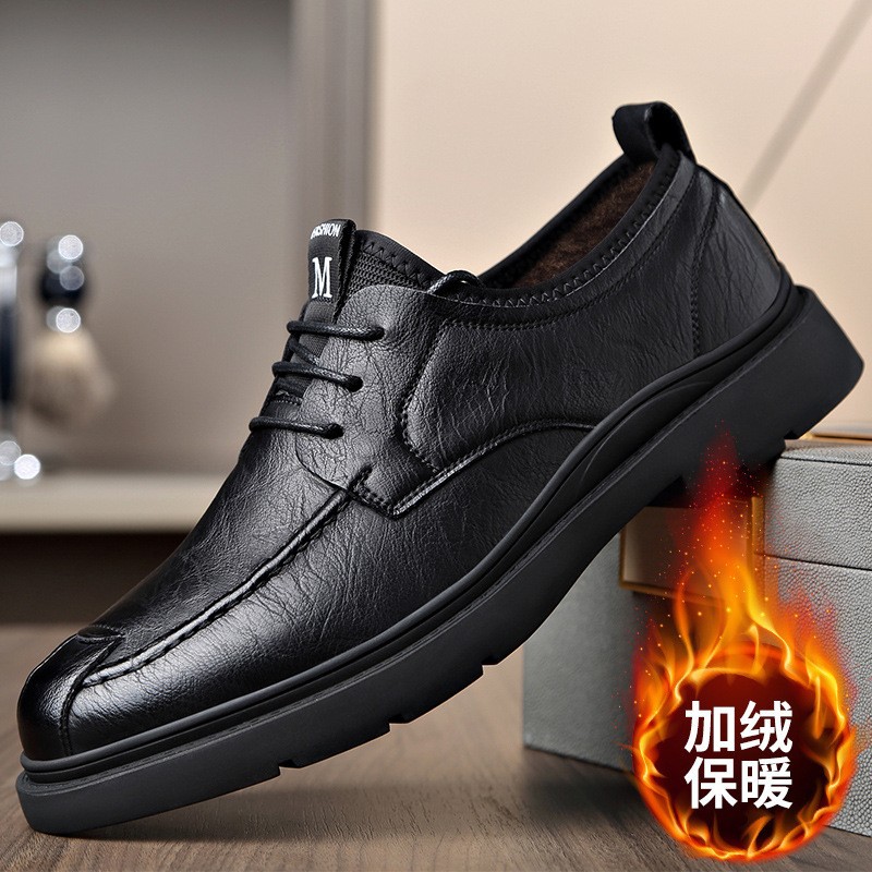 Cross-Border Men's Shoes, New Winter Models, Fleece-Lined, Warm, Versatile, Business Casual Shoes, Men's Soft-Soled Middle-Aged Dad Leather Shoes
