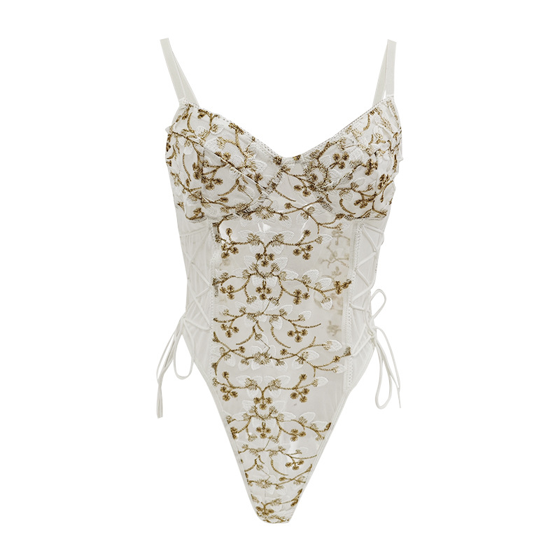 Nuevo estilo transfronterizo caliente malla bordado encaje sexy transparente halter cordón cintura delgada mono mujer
