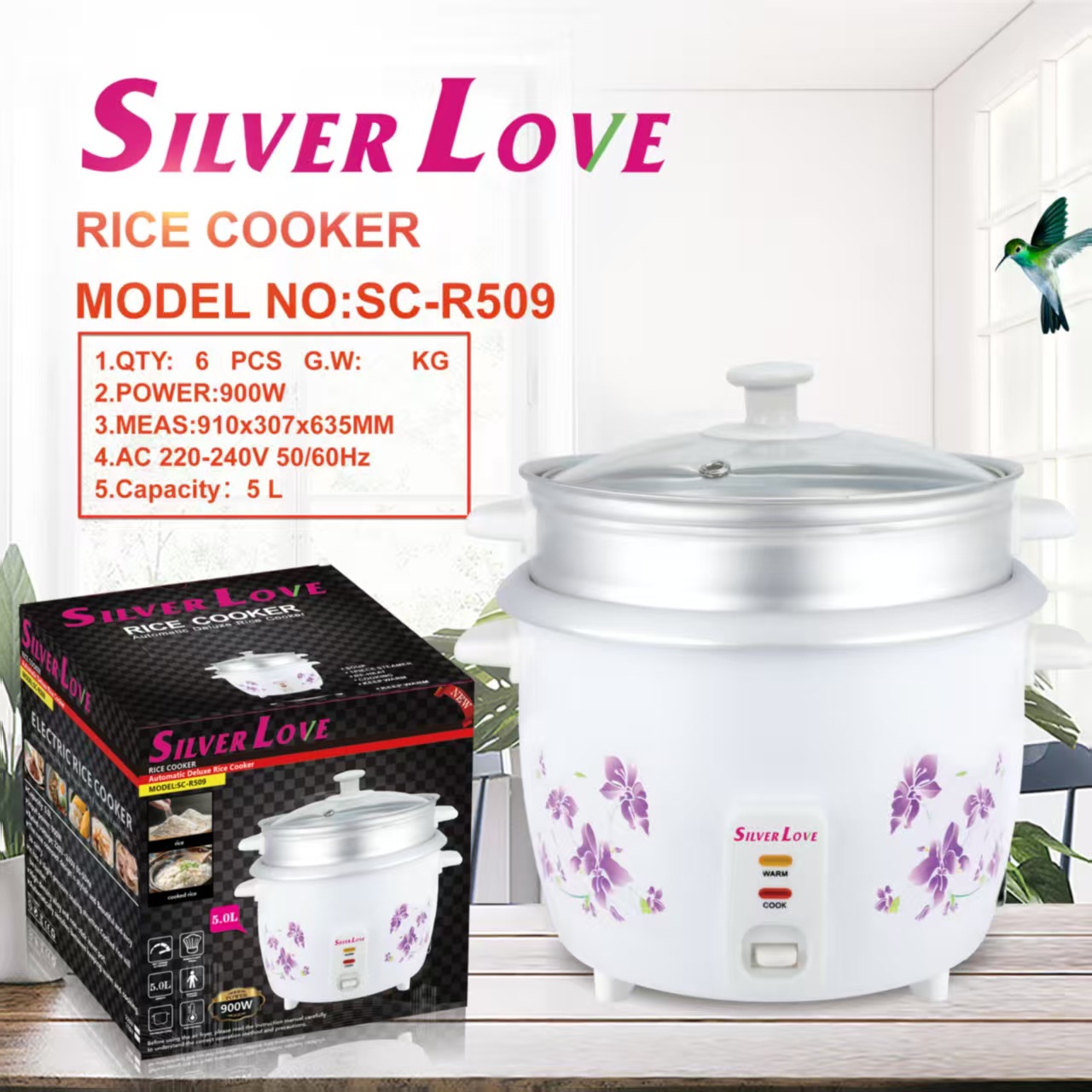 Foreign Trade Export Rice Cooker Glass Lid + Steamer 3~4 People Household 5L Steaming and Cooking Dual-Purpose Rice Cooker
