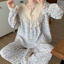 韩国ins女士新款韩版小熊棉纱甜美公主风拼接蕾丝裤家居服套装女