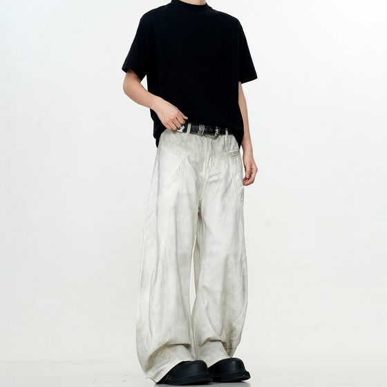American retro dirty white banana cutlet jeans tide brand men and women's new loose casual wide leg washed old