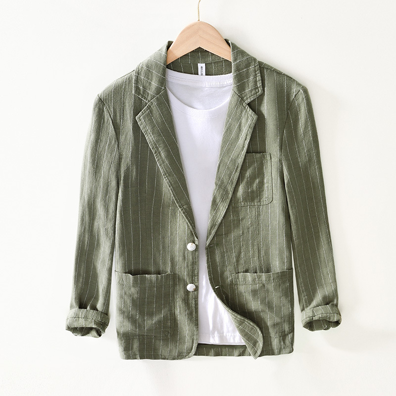 Vertical Striped Retro Ramie Men's Blazer Autumn New Cotton-Linen Trendy Slim-Fit Blazer Linen Casual Jacket