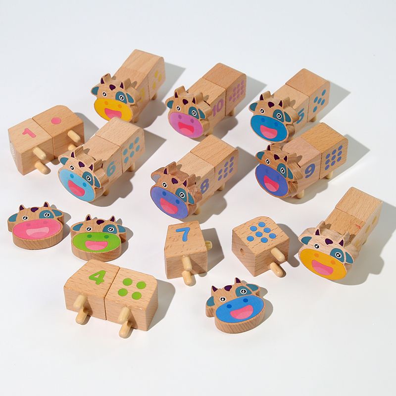 Montessori madera bebé vaca matemáticas aritmética cognitiva juego rompecabezas bloques de construcción montaje color apilamiento alta Juguetes