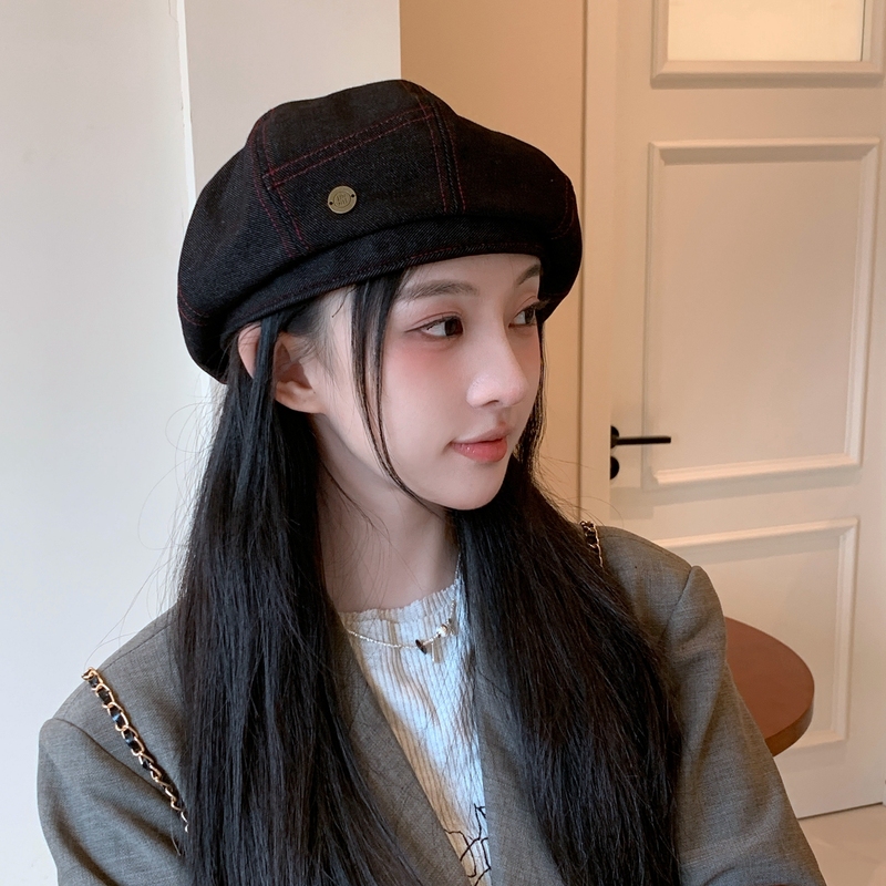 蓝色牛仔贝雷帽女2025新款春秋大头围八角帽秋冬韩系蓓蕾画家帽子|undefined