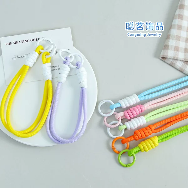 Creative Colorful Double-Strand Double-Buckle Phone Lanyard Color-Blocking Knotted Floral Phone Strap Keychain Bag Accessory Pendant