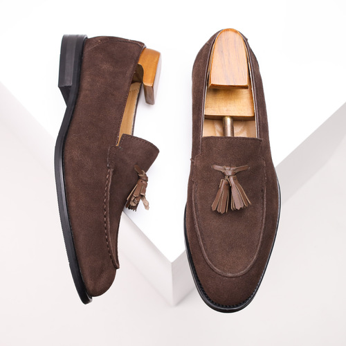 Summer Fringe Casual Men's Leather Shoes Slip-On Loafers with British Style Slip-On Sanding Business Loafers for Men Fashion Single Shoes