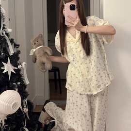 100%婴儿棉小熊碎花睡衣女夏季V领蕾丝花边短袖长裤韩系温柔风可