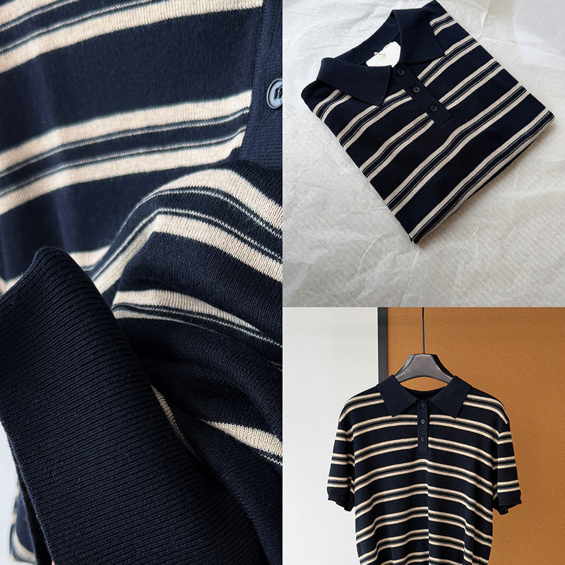 Ultra-fine wool simple striped knit versatile stylish turn-down collar short-sleeve comfortable polo shirt top for early autumn Ultra-fine wool simple striped knit versatile stylish turn-down collar short-sleeve comfortable polo shirt top for early autumn