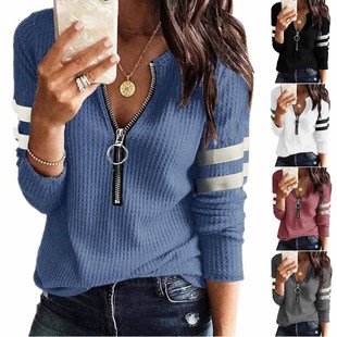 2022 Europe and the United States foreign trade cross-border wish independent station autumn and winter new women's zipper V collar stitching long sleeve T-shirt jacket