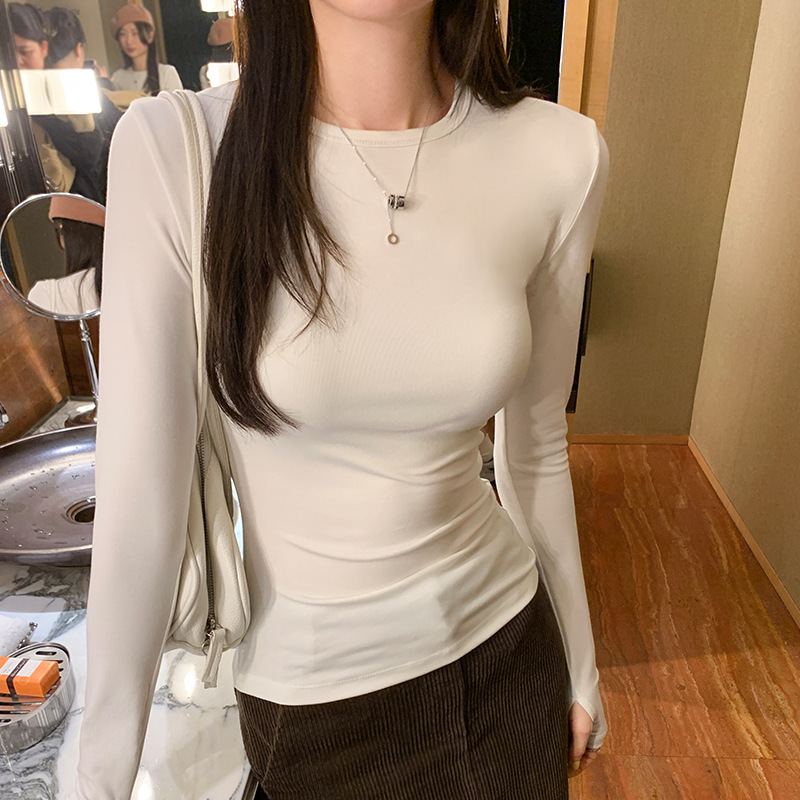 Crewneck Basic Slim-fit Slimming Shoulder Long-sleeved T-shirt Women's 2024 Spring, Autumn and Winter Interior Western-style Base Shirt Top