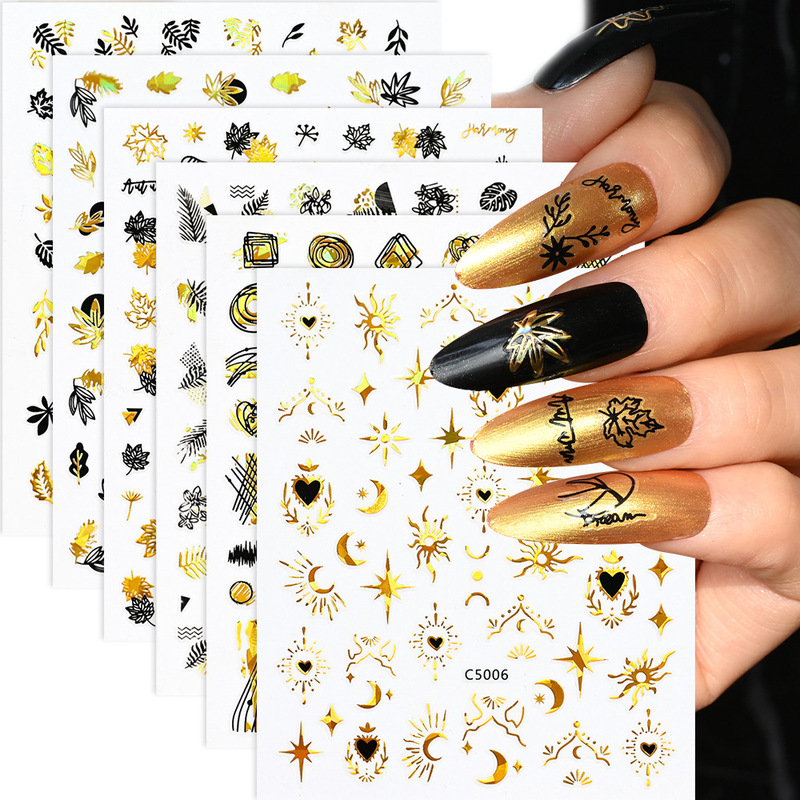 INS Hot Selling Laser Golden Maple Leaf Abstract Line Self-adhesive Nail Sticker 3D Bronzing Simple Sweet Cool Nail Sticker