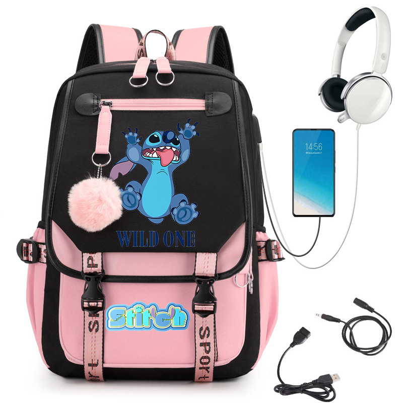 Stitch Stitch linda escuela de escuela secundaria impresa mochila escolar con interfaz USB 0516 envío transfronterizo