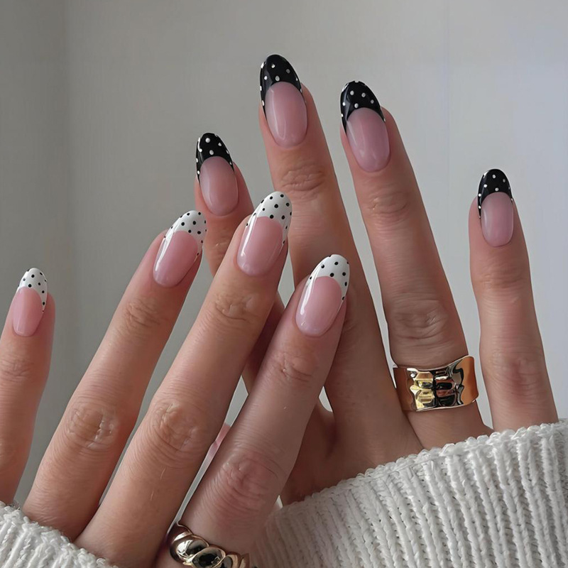 Hot-Selling French-Style Color-Block Polka Dot Almond Fake Nails, 24-Piece Finished Press-On Nails, Cross-Border Wholesale Nails
