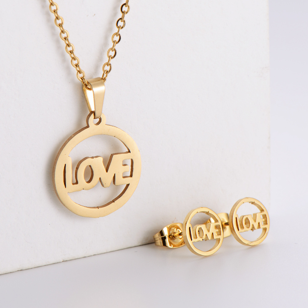 Titanium Steel Jewelry Heart Element Pendant Simple LOVE Earrings Necklace Set