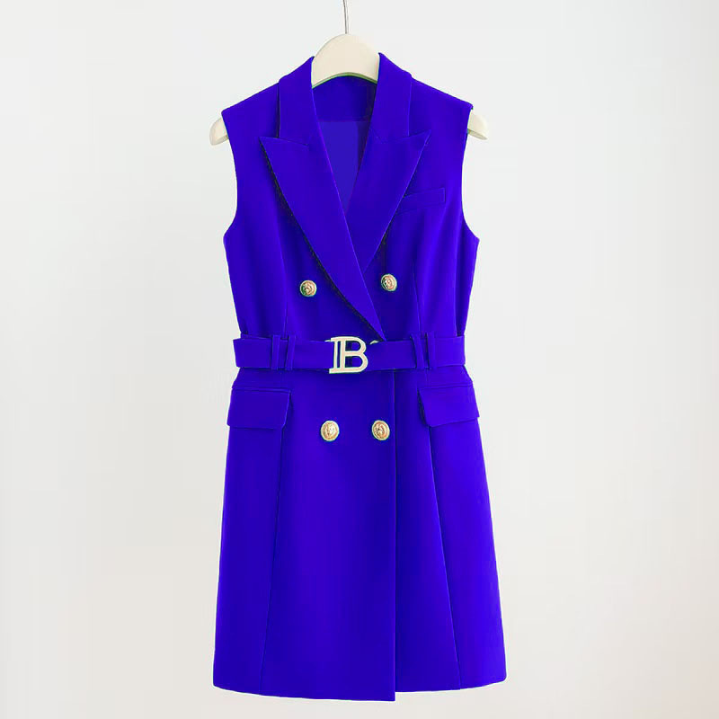 2026无袖连衣裙西装蓝色腰带收腰马甲西装裙夏季外贸长款马甲女