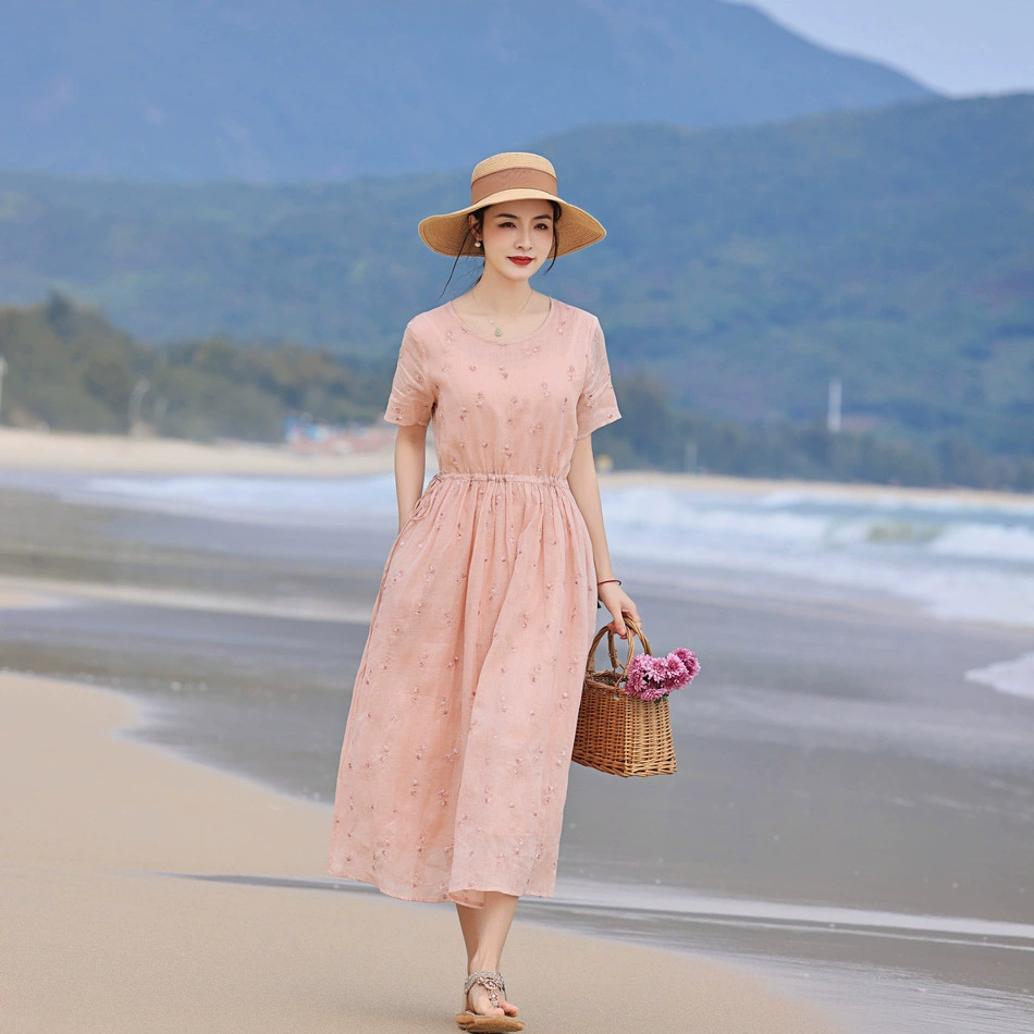 2025 лето новый оригинальный женский костюм с вышивкой рами с короткими рукавами длинное платье на шнуровке тонкое длинное платье