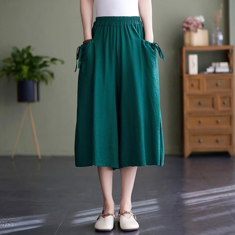 Foreign Trade Wide Leg Pants Women's 2024 Summer New Loose plus size Solid Color Staggedown Waist Skirt Pants Casual Capri Pants