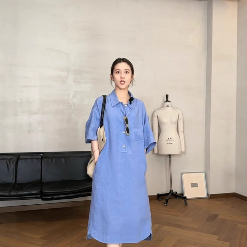 6374 Two-Color Linen Flap Pocket Pants Skirt Pol Collar Pullover Short-Sleeved Skirt 2025 Small Loose Mid-Length Dress for Women