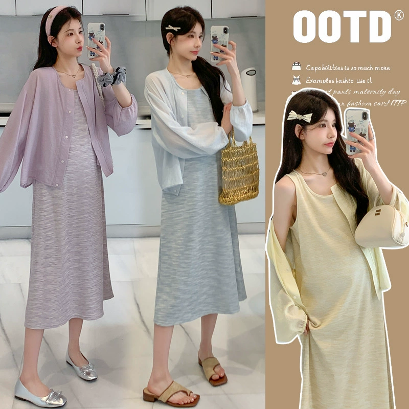 Летний топ с принтом тай-дай для беременных 2025 года + солнцезащитная рубашка. Костюм для беременных, свободный крой, утягивающий, прохладный.