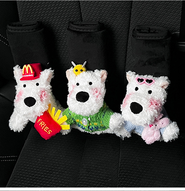 Cartoon Car Seat Belt Shoulder Pad Plush Doll West Highland Sweater French Fries Sunglasses Anti-Lean Soft Protective Cover