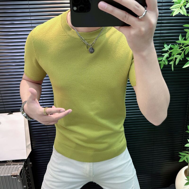 Popular Men's Solid Color Slim-Fit Sweater, Round Neck, Casual Versatile New Couple's Knit Top, Short-Sleeve Knitwear Popular Men's Solid Color Slim-Fit Sweater, Round Neck, Casual Versatile New Couple's Knit Top, Short-Sleeve Knitwear