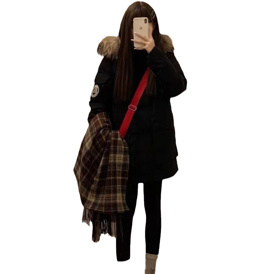 Negro encapuchado cuello de lana ropa de algodón chaqueta de invierno para mujeres 2024 nuevo estilo americano vintage suelto ropa de algodón gruesa moda