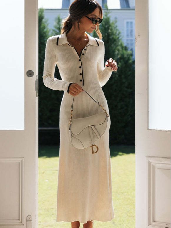 Amazon nueva moda solapa de punto MIDI vestido Delgado adelgazar elegante vaina Vestido de manga larga image 4