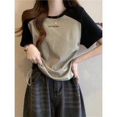 プラスサイズデザインショートドローストリングショルダーTシャツ女性用夏太MMカバー肉痩身コントラストカラーラグラン半袖トップ