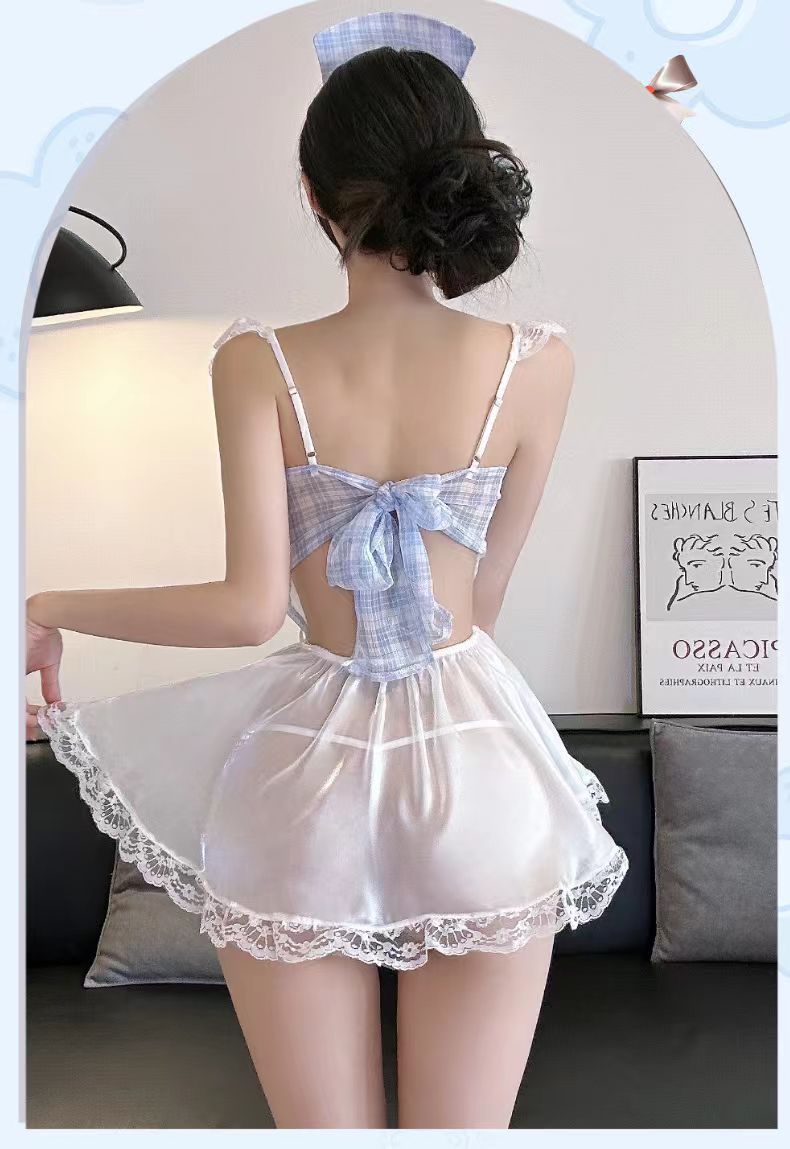 Lace Maid Costume Lingerie Set with Sling Dress and White Butterfly Stockings — detail image 3