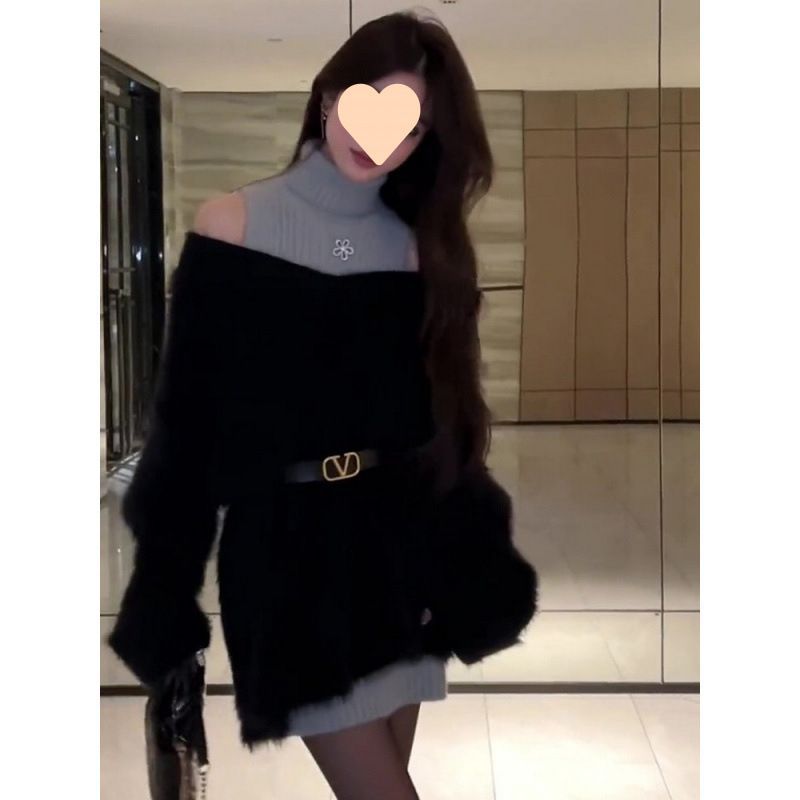 블랙 밍크 양털 게으른 스웨터 겨울 새로운 도착 작은 느슨한 스웨터 원피스 쌓인 투피스 세트