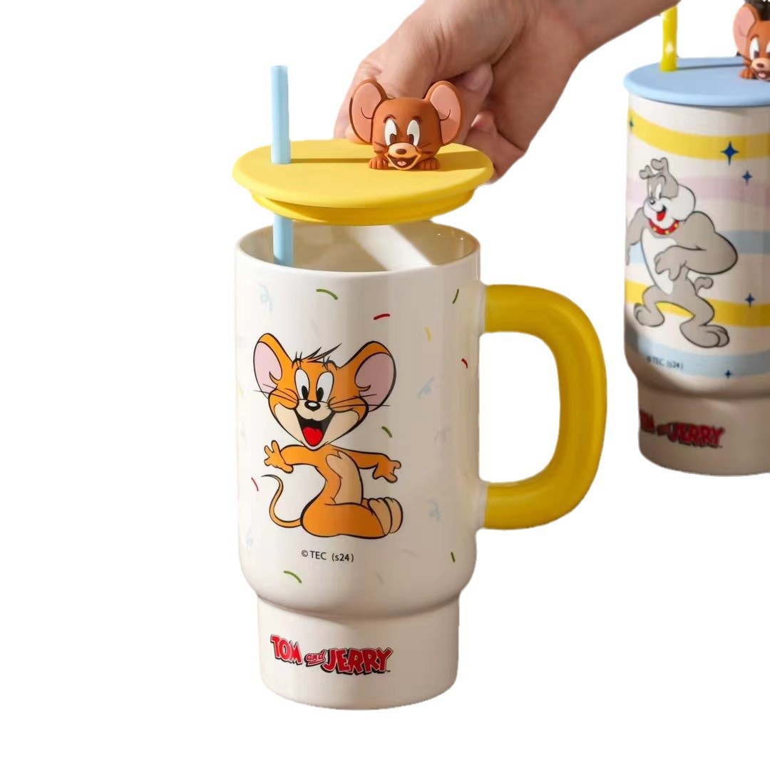 Gatos y ratones de gran capacidad con tazas de tapa de copas de paja tazas de cerámica caseras tazas de café regalos para mujeres