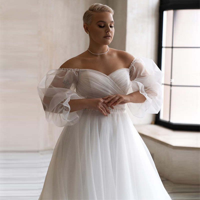 European and American Plus-Size Maternity Wedding Dresses, Direct Sales, Elegant Off-The-Shoulder Tulle A-Line Puffy Skirt Formal Party Long Dress
