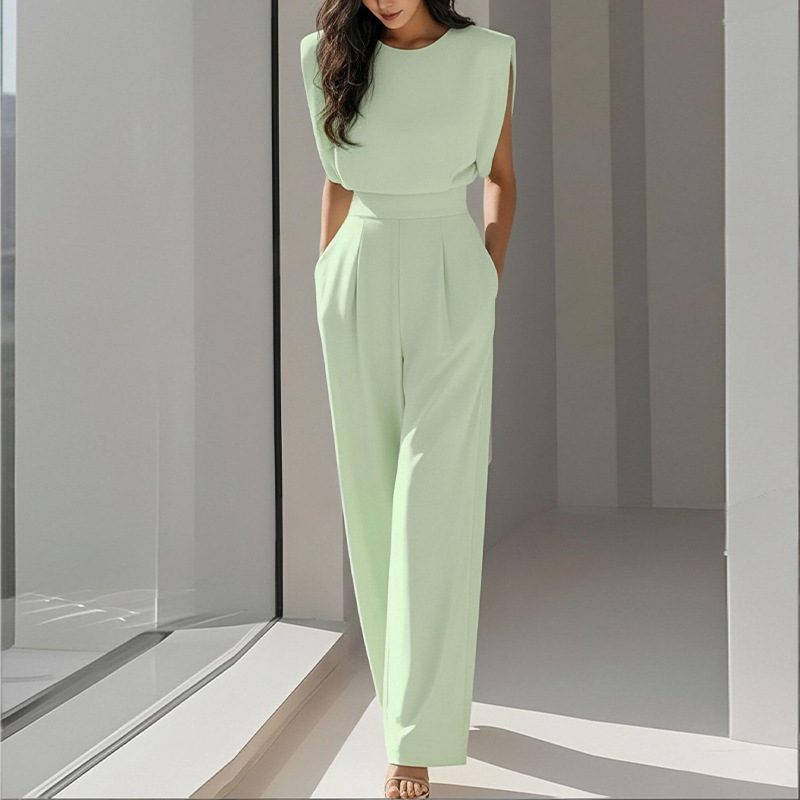 2026 Spring New Women's Clothing, Fashion Casual Commuter Solid Color Crew Neck Pleated Jumpsuit_ecoleips.com