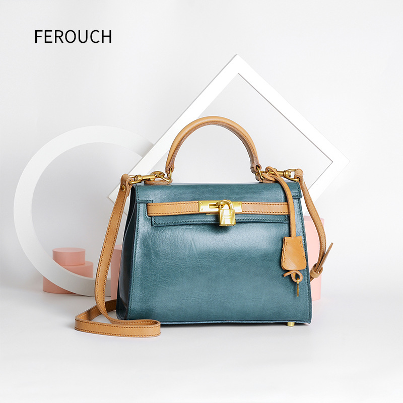 時尚百搭斜挎包頭層牛皮凱利包潮流休閑單肩包斜挎手提女包9958