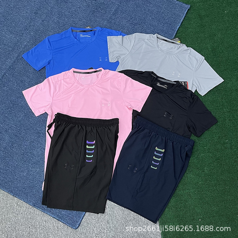 Foreign Trade Spot Ice Silk Quick-Drying Sports Short-Sleeved T-Shirt Suit Men's Summer Breathable Loose Fitness Casual Round Neck Top