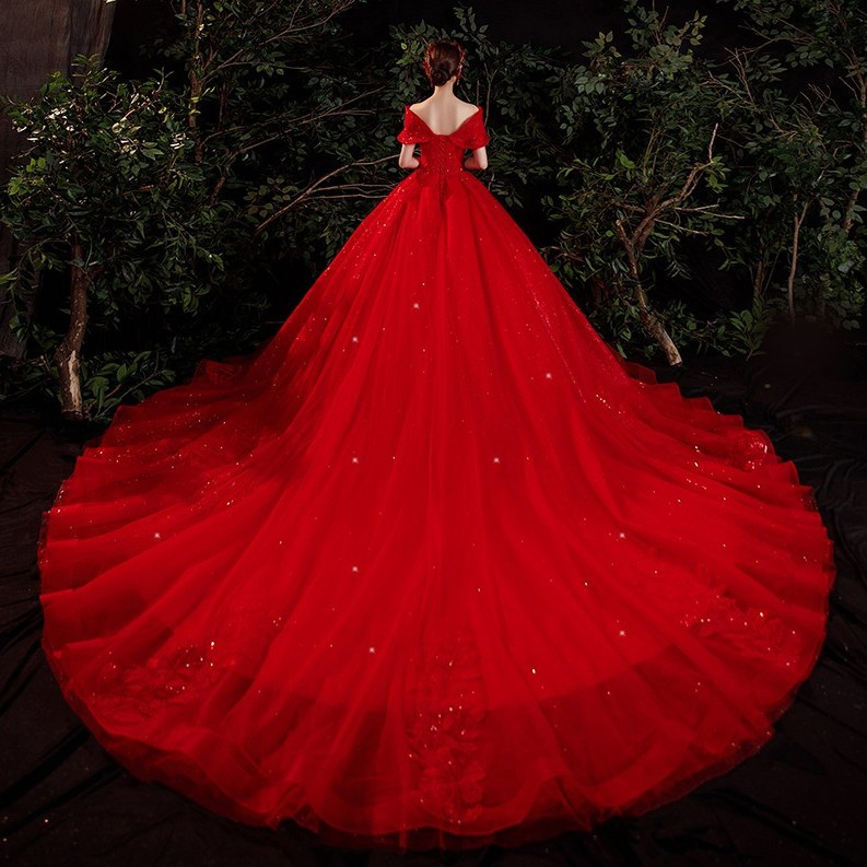 Vestido de novia principal de un solo hombro 2023 nueva novia Mori Red Super Fairy Dream Starry Sky French Light Luxury Cola