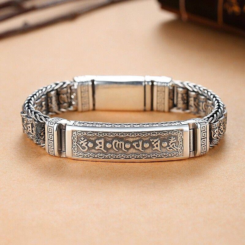 S925 Silver Men's Ethnic Style Six-Word Mantra Prayer Wheel Hand-Woven Bracelet Vintage Pattern Silver Chain Jewelry