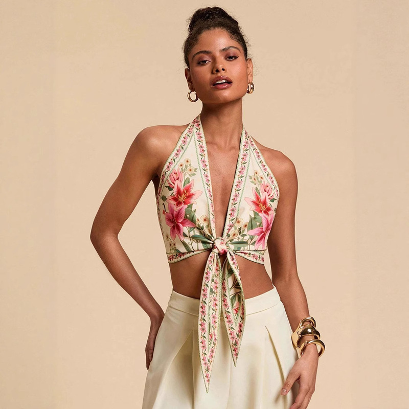 Wholesale Cross-Border Foreign Trade Women's Clothing in Stock 2025 European and American Summer Casual Backless Printed Camisole with Beautiful Back Design